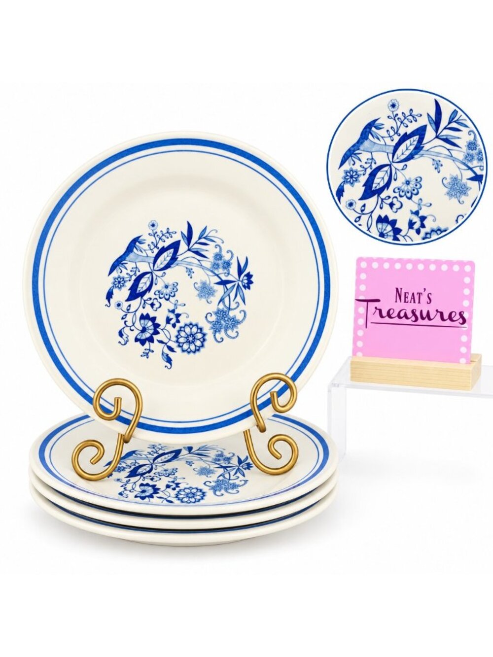 Vintage Oxford OXF4 BLUE ONION DESIGN 7820 Brazil Stoneware Dinner Plates Set 4